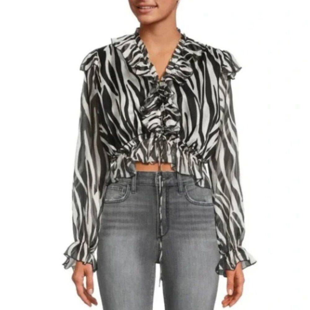 NWT AREA STARS BARI ZEBRA PRINT CROPPED RUFFLED TIE FRONT V NECK SHEER TOP MED